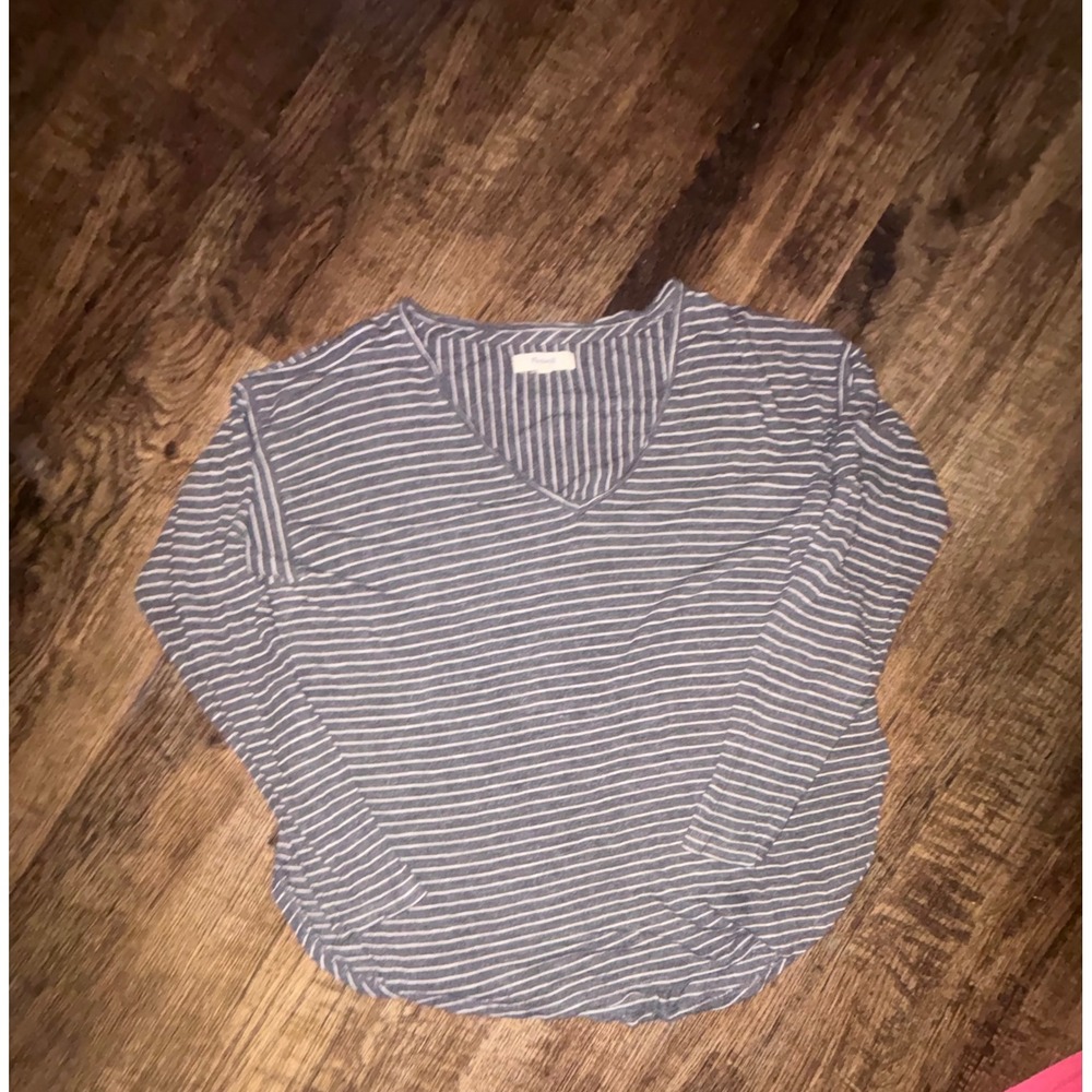 Madewell Womens Blue White Striped V-Neck Long Sleeve Tee Mixed Stripe Top Small
